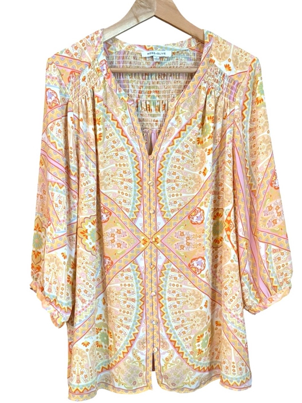 Rose & Olive Paisley Button-Front Blouse Breezy w Smocked Detailing 3/4 Sleeves